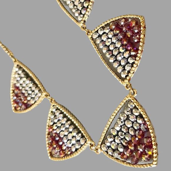 Nwot Rhinestone/Beaded Geometric Triangle Goldtone Statement Necklace - Picture 3 of 6